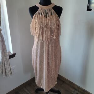 SHEIN Gold Sequin Party Dress Size XL, Fringe Halter Neck Sleeveless Zipper